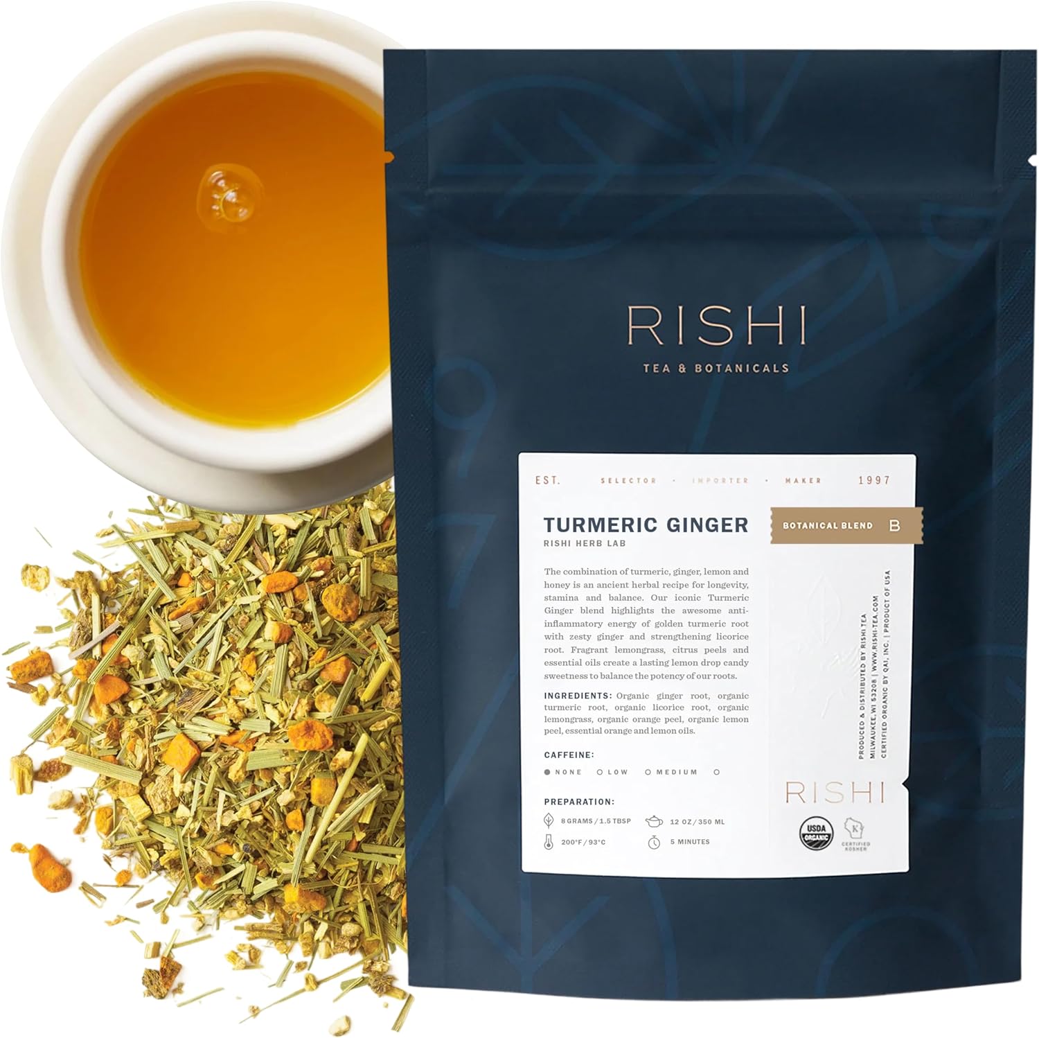 Rishi Tea Turmeric Ginger Herbal Tea - Organic Loose Leaf, Caffeine Free Blend with Spicy Ginger & Citrus, Hot or Iced - 4 Ounces, 14+ Servings