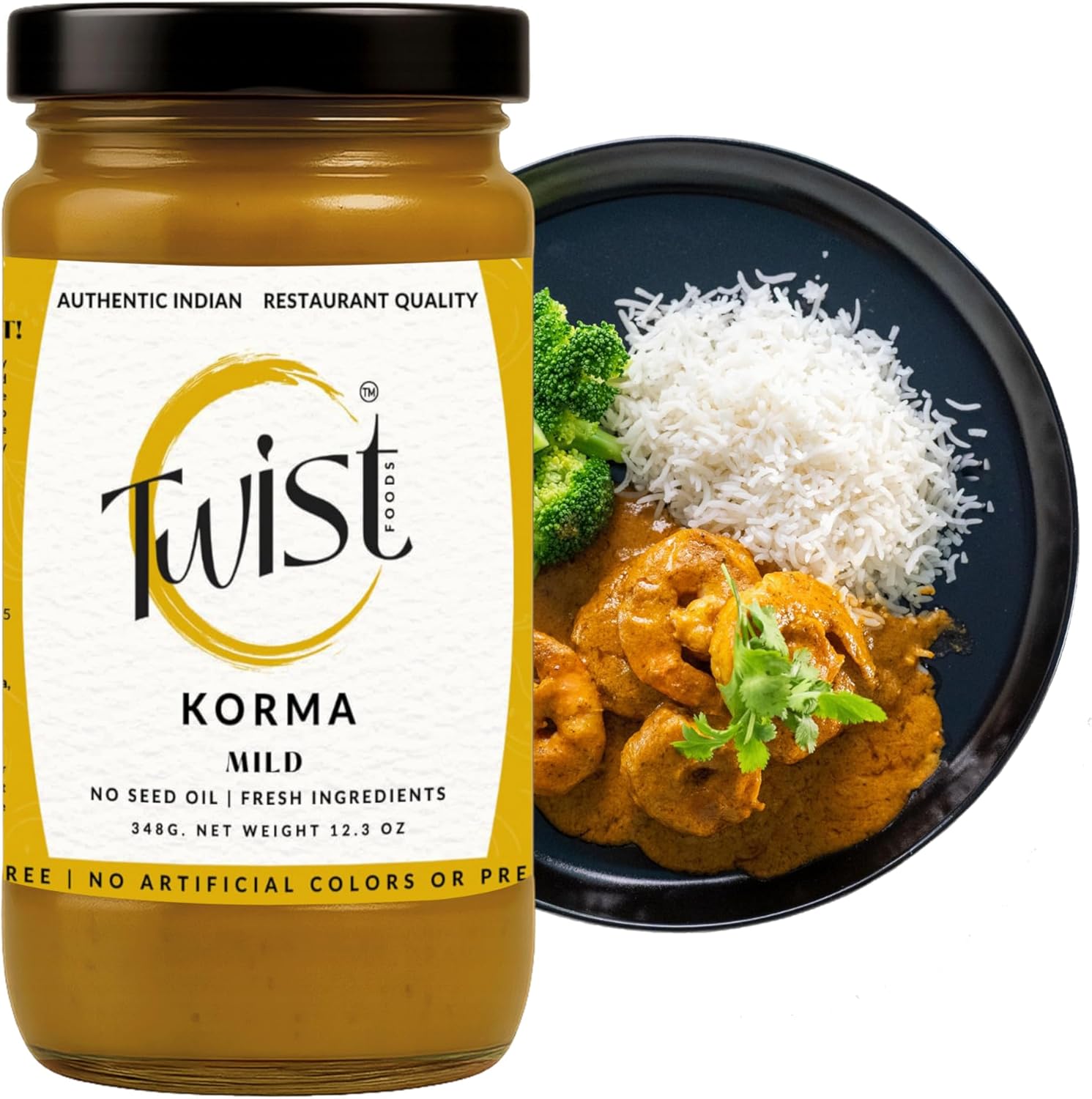 Twist Foods Korma Sauce | Mild Indian Korma Curry Sauce | Authentic Restaurant-Style Indian Simmer Sauce | Gluten-Free | No Preservatives or Artificial Flavors | Small Batches | 12.3 oz Jar