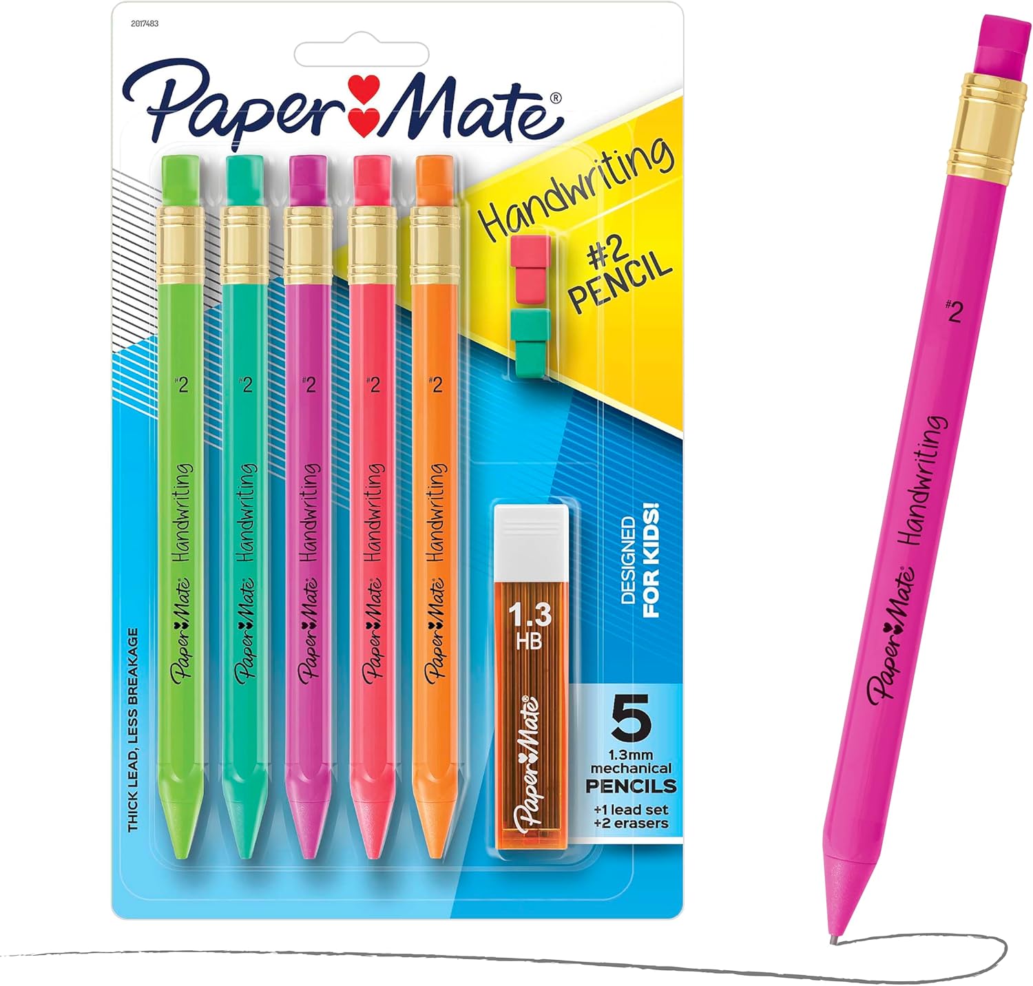 Paper Mate Handwriting Triangular Mechanical Pencil Set with Lead & Eraser Refills, 1.3mm, 8 Count - Back to School, Teacher Supplies, Home, Kids Writing, Fun Barrel Colors