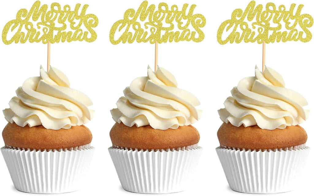 Ercadio 24 Pack Merry Christmas Cupcake Toppers Glitter Xmas Holiday Cupcake Picks Christmas Theme New Year Party Cake Decorations Supplies Gold