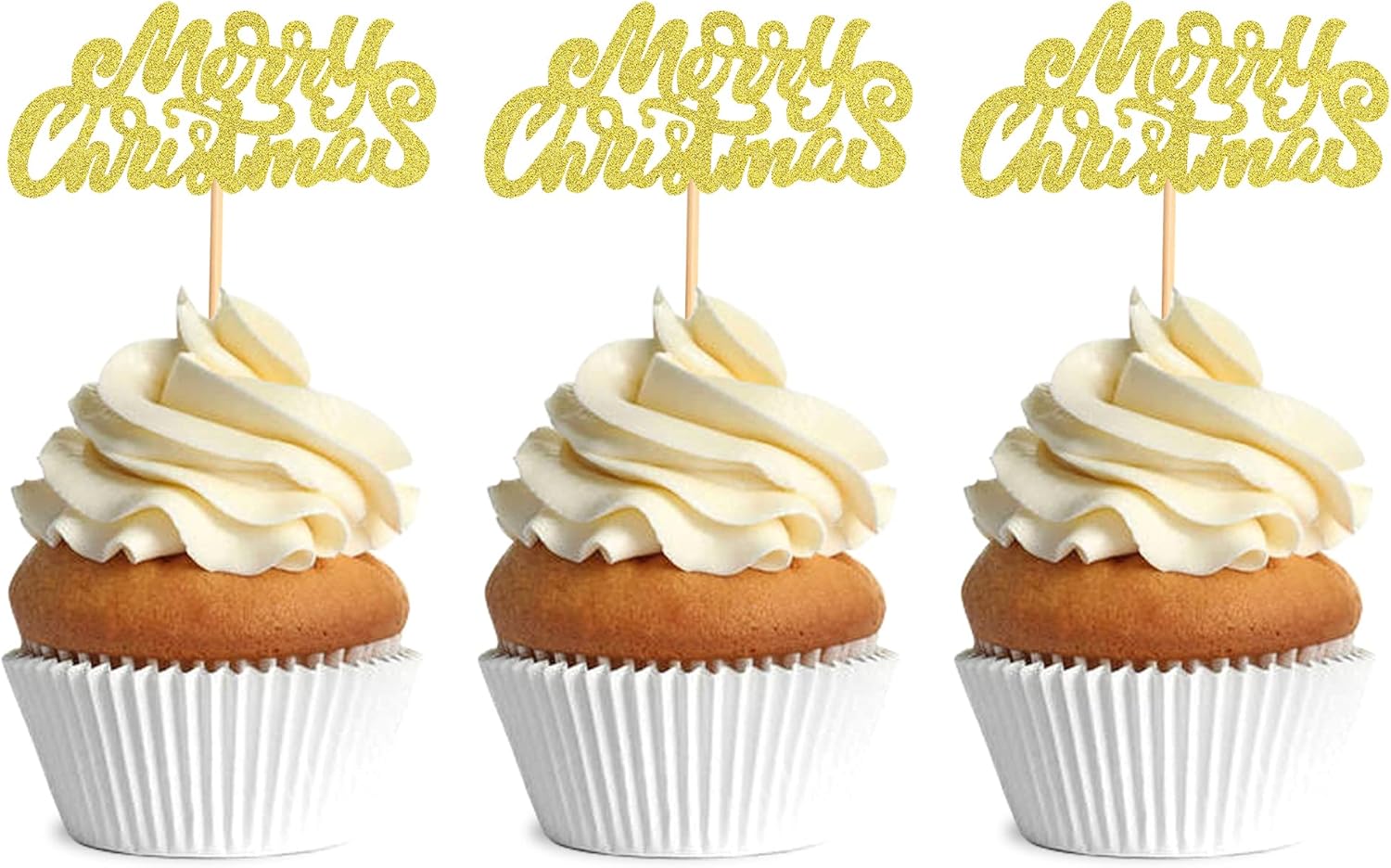 Ercadio 24 Pack Merry Christmas Cupcake Toppers Glitter Xmas Holiday Cupcake Picks Christmas Theme New Year Party Cake Decorations Supplies Gold