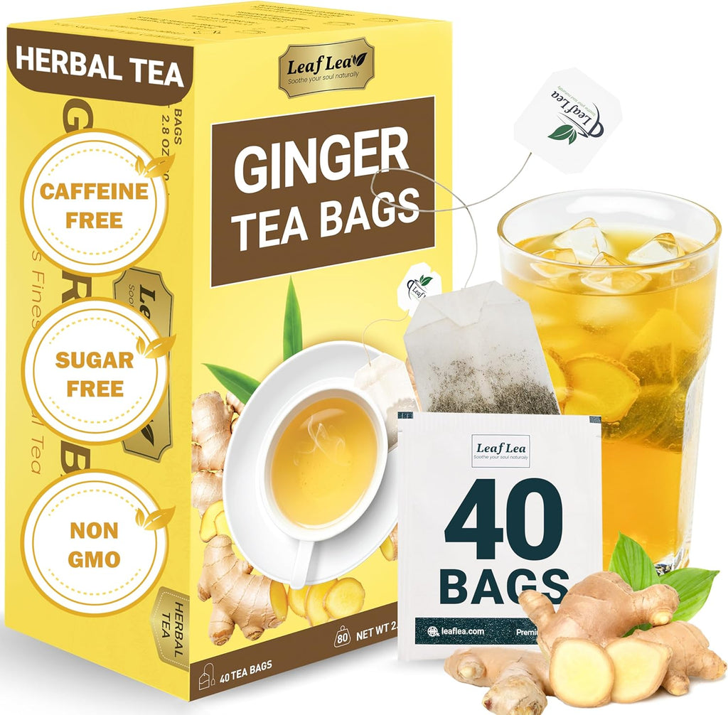 LeafLea 40 Ginger Tea Bags, 100% Pure & Natural from Dried Ginger Root Tea, Spicy & Comforting Herbal Tea Supports Digestion, Caffeine Free, Sugar Free, No Gluten, Non-GMO, Vegan