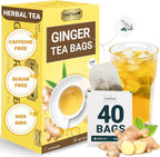 LeafLea 40 Ginger Tea Bags, 100% Pure & Natural from Dried Ginger Root Tea, Spicy & Comforting Herbal Tea Supports Digestion, Caffeine Free, Sugar Free, No Gluten, Non-GMO, Vegan