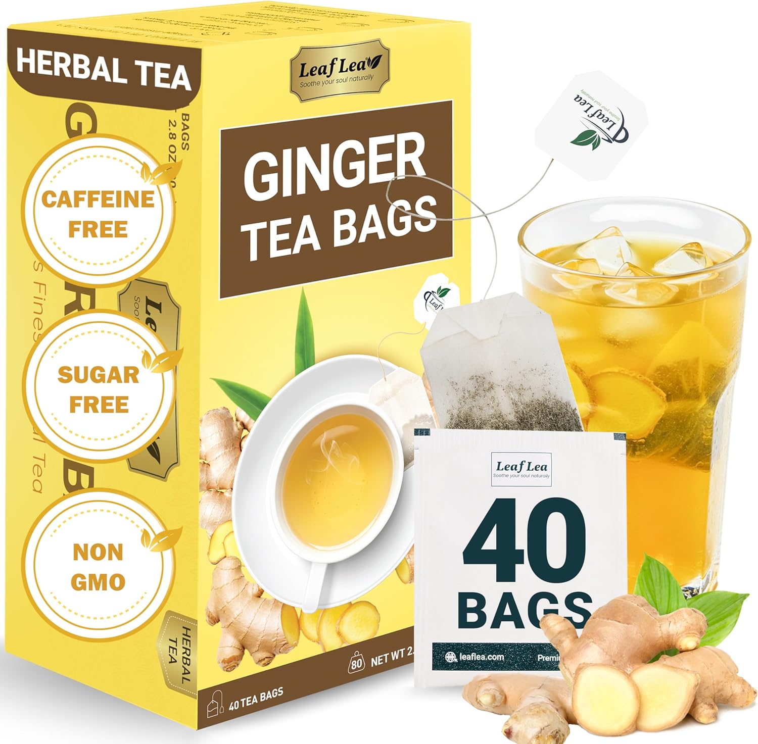 LeafLea 40 Ginger Tea Bags, 100% Pure & Natural from Dried Ginger Root Tea, Spicy & Comforting Herbal Tea Supports Digestion, Caffeine Free, Sugar Free, No Gluten, Non-GMO, Vegan