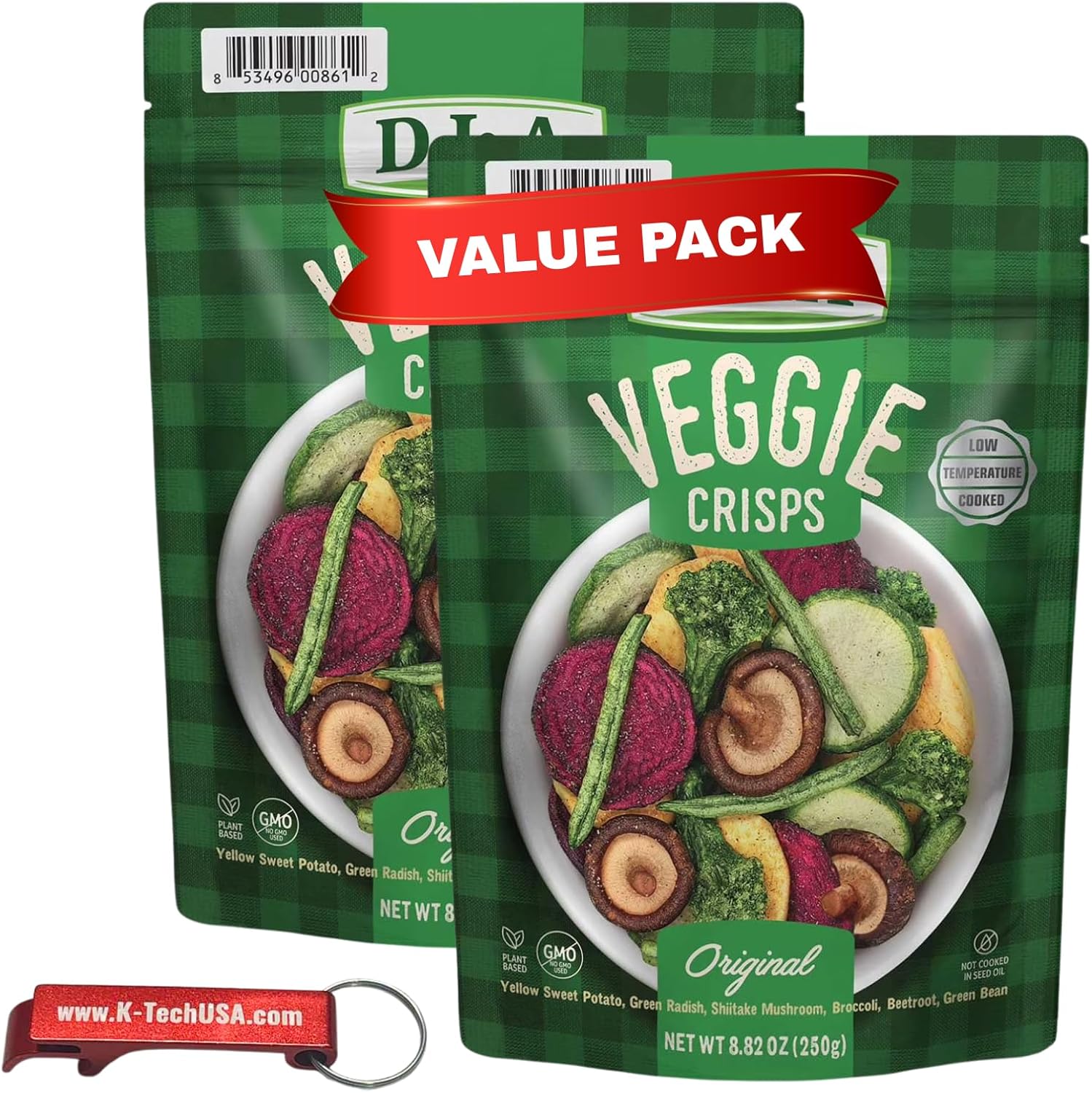 Veggie Crisps Snack, Original Flavor Vegetable Chips, 8.8 oz Bag (Pack of 2) with K-Tech USA Keychain