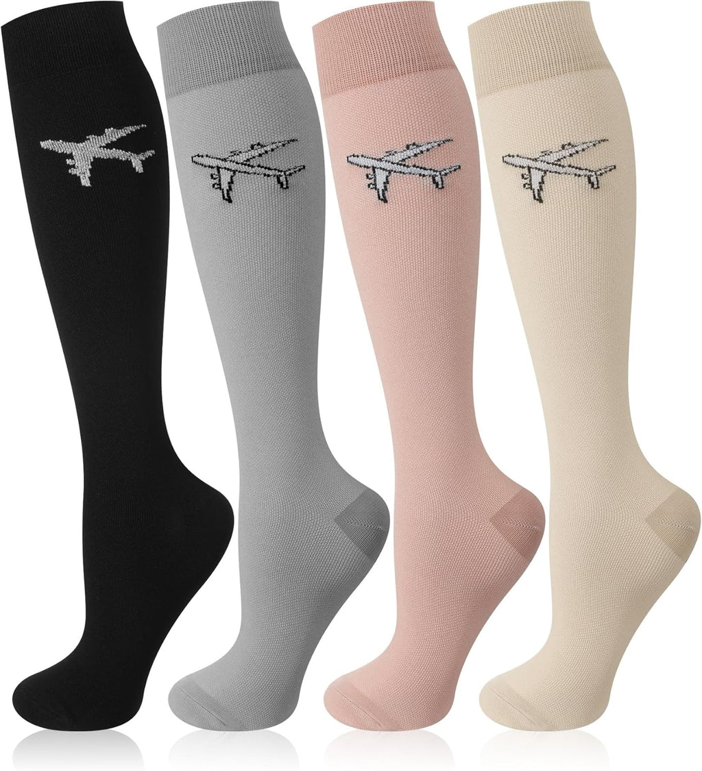 Skicuff 4 Pairs Travel Compression Socks for Men Women 15-25 mmHg Flight Support Knee High Stockings for Travel Flight