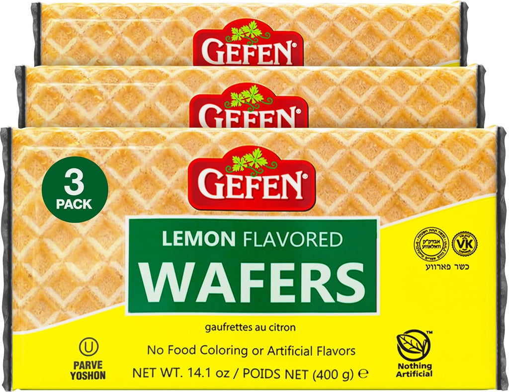Gefen Lemon Wafers, 14oz (3 Pack - 30 Wafers Each) | Lemon Flavored Wafer Cookie | Nothing Artificial | Crunchy & Delicious | Kosher