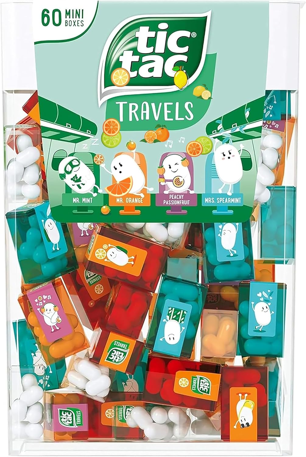 Bulk Travels Mini Packs candy Individual Assorted Flavor Candies Packets Large Spender Box (60 Mini Packs - Mint Orange Spearmint Peachy Passionfruit)