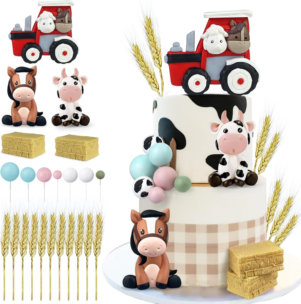 22 PCS Farm Cake Topper - Cow Horse Tractor Cake Decorations for Baby Shower Cow Themed Girls Boys Birthday Party Decorations Supplies (Tractor)