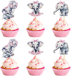 24Pcs Pink Elephant Cupcake Toppers It's a Gir Cupcake Picks for Elephant Theme Gender Reveal Baby Shower Kids Boys Birthday Party Cake Decorations