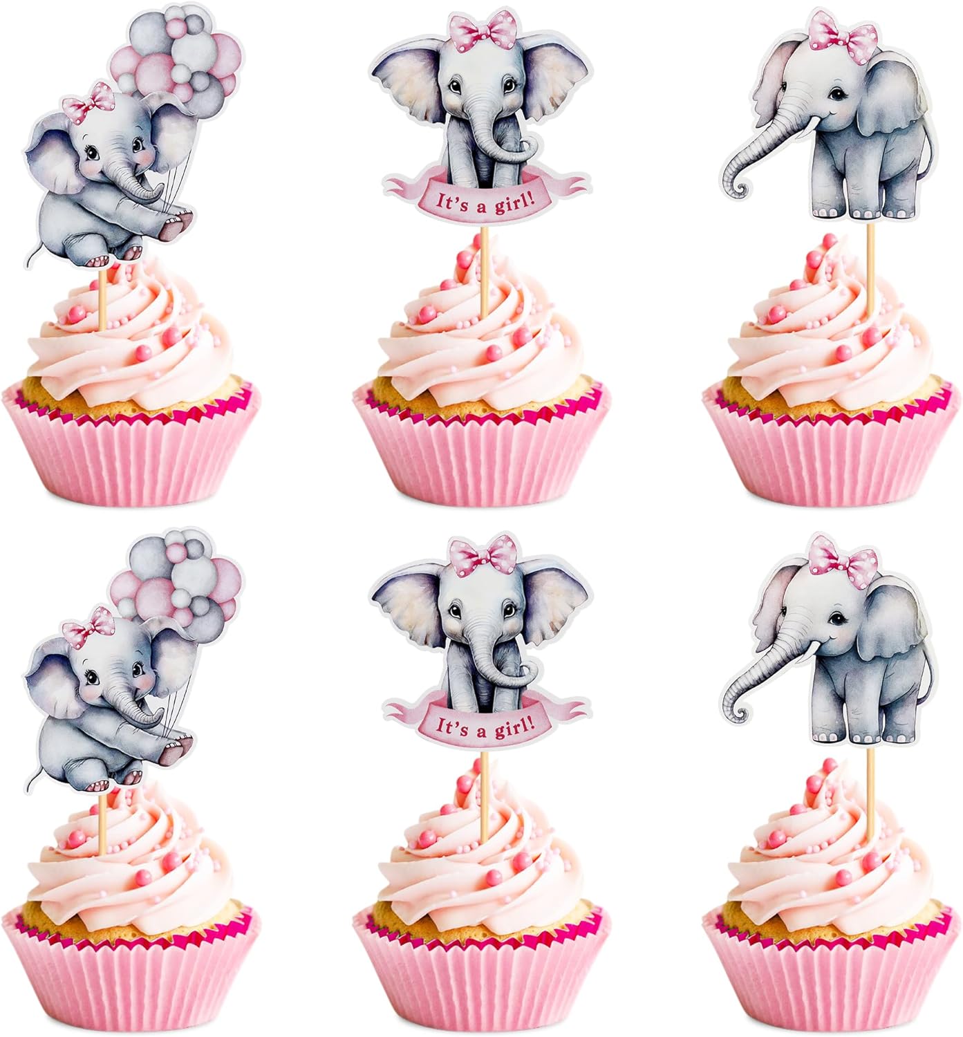 24Pcs Pink Elephant Cupcake Toppers It's a Gir Cupcake Picks for Elephant Theme Gender Reveal Baby Shower Kids Boys Birthday Party Cake Decorations