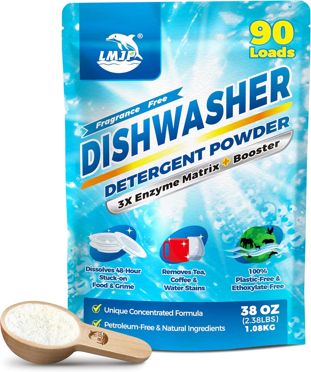 Dishwasher Detergent Powder + Booster, 90 Loads | Plastic-Free, Eco-Friendly Dishwasher Soap – Pods Alternative, Concentrated Plant-Based Enzymes – Cuts Grease & Grime, No Water Spots (Fragrance-Free)