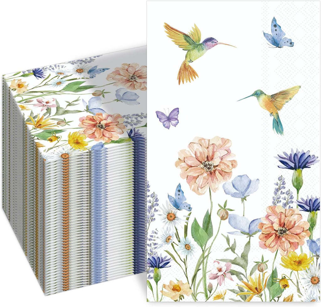 100PCS Floral Paper Napkins 3 Ply Disposable Hand Towels,Wildflower Hummingbird Paper Guest Napkins Dinner Napkins for Wedding Bridal Baby Shower Birthday Tea Party Home Table Decor