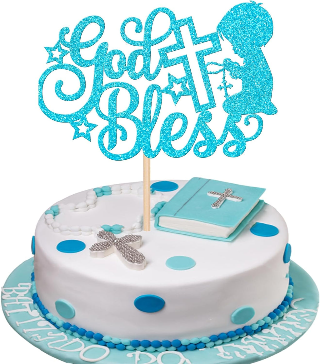 Rsstarxi 1 Pack God Bless Cake Topper Glitter God Bless Boy First Communion Baptism Cake Pick Decorations for Baptism Baby Shower Birthday Party Cake Decorations Blue