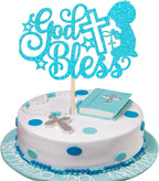 Rsstarxi 1 Pack God Bless Cake Topper Glitter God Bless Boy First Communion Baptism Cake Pick Decorations for Baptism Baby Shower Birthday Party Cake Decorations Blue