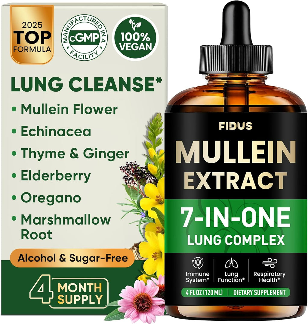Mullein Drops for Lungs, 120 Servings - Mullein Leaf with 7 Herbs Echinacea, Oregano, Ginger, Elderberry, Marshmallow Root & Thyme - Lung Detox for Smokers - Respiratory, Immune & Lymphatic Drainage