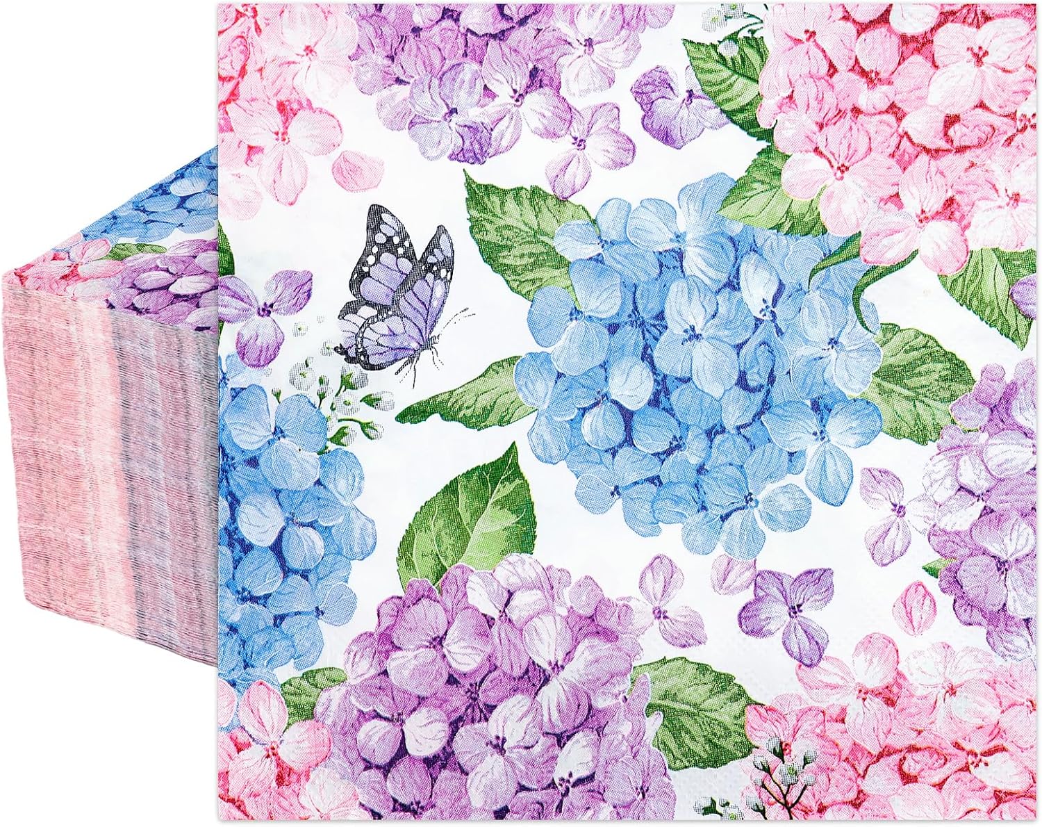 AnyDesign 50Pcs Hydrangea Luncheon Napkins Disposable Paper Napkin Watercolor Butterfly Floral Dessert Dinner Hand Napkin for Spring Summer Wedding Bridal Baby Shower Party Supplies