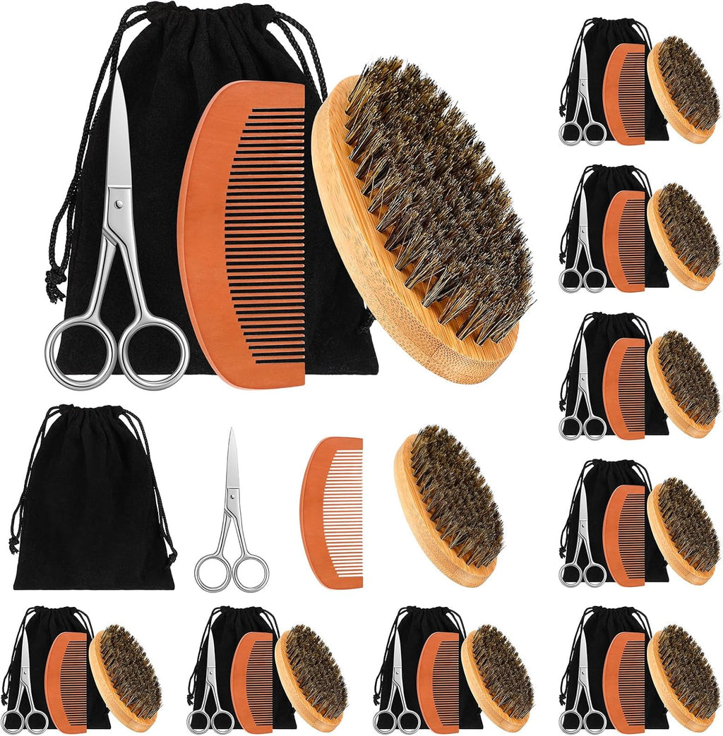 Maitys 10 Sets Beard Brush and Comb Set Bulk Boar Bristle Beard Brush Comb Scissors Kit Gifts for Men Father Colleague Employee Appreciation(Oval)