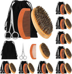 Maitys 10 Sets Beard Brush and Comb Set Bulk Boar Bristle Beard Brush Comb Scissors Kit Gifts for Men Father Colleague Employee Appreciation(Oval)