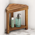 BLUEWEST 16.4" Corner Shower Stool with Storage Shelf, Acacia Wood Shower Foot Rest for Shaving Legs, Small Water-Resistant Bathroom Bench for Inside Shower, Wooden Bath Seat for Small Shower Spaces
