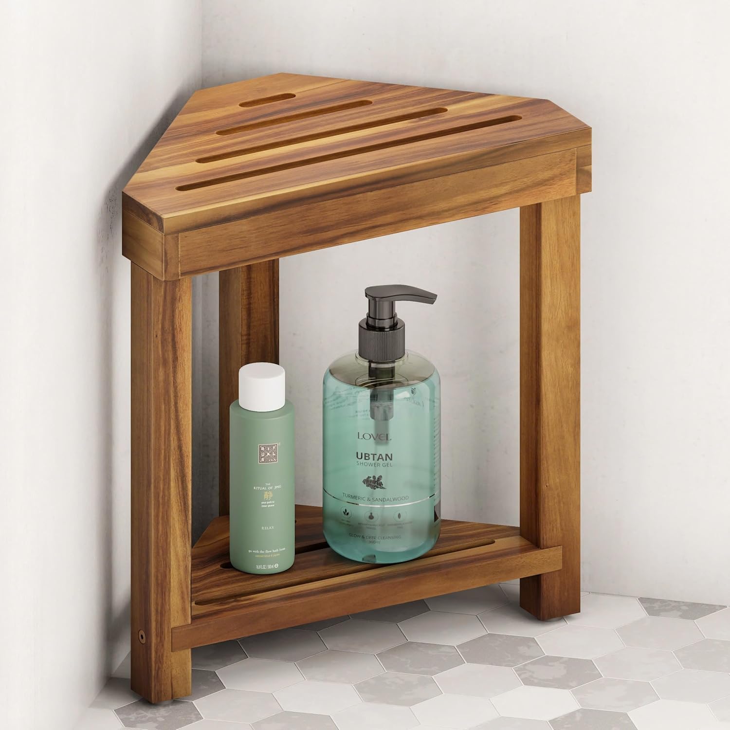 BLUEWEST 16.4" Corner Shower Stool with Storage Shelf, Acacia Wood Shower Foot Rest for Shaving Legs, Small Water-Resistant Bathroom Bench for Inside Shower, Wooden Bath Seat for Small Shower Spaces