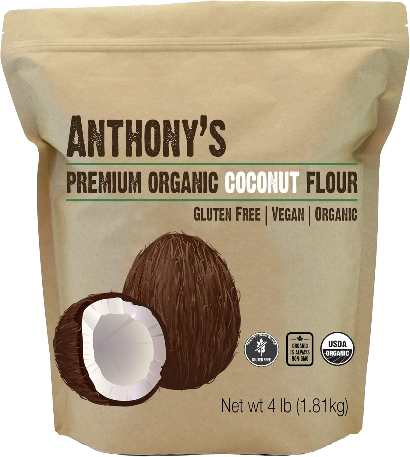 Anthony's Organic Coconut Flour, 4 lb, Batch Tested Gluten Free, Non GMO, Vegan, Keto Friendly