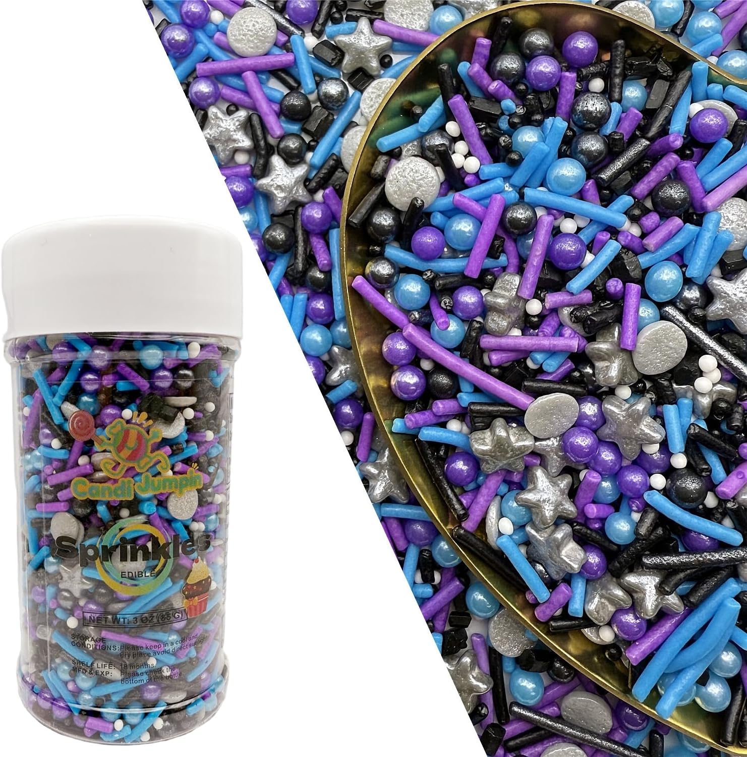 CandiJumpin Black Blue and Purple Pearl Sprinkles, Edible Pearls and Jimmies Mix Black Blue and Purple Sprinkles Crunchy Jimmies Edible Pearls for Cake Decorating Pearl Decoration for Baking Baby Shower Party Birthday Wedding Christmas Supplies 3 OZ