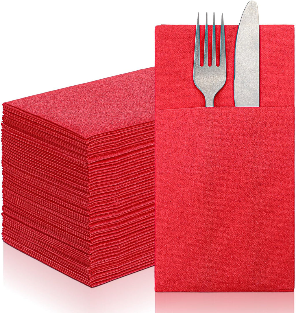 50 Pieces Linen Feel Napkins Red with Built in Flatware Pocket, Disposable Airlaid Paper Napkins Prefolded Dinner Napkin for Silverware Valentine Wedding Party Christmas Day