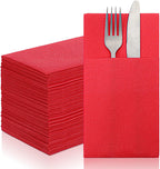50 Pieces Linen Feel Napkins Red with Built in Flatware Pocket, Disposable Airlaid Paper Napkins Prefolded Dinner Napkin for Silverware Valentine Wedding Party Christmas Day