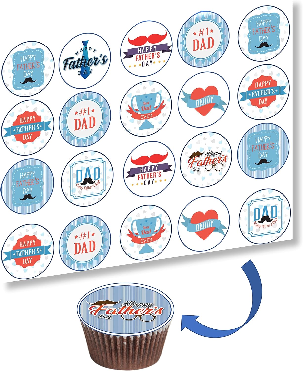 Edible image for Happy Father's Day compatible with Oreo cookies, cupcake, chocolate covered topper, Dad cake image /Super Dad theme/Edible Party supplies decoration /1 sugar sheet PRECUT. 15 circles 2" each