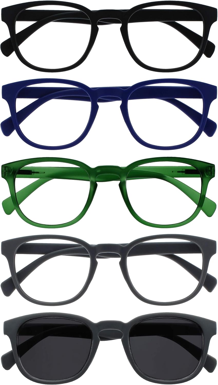OPULIZE POP Reading Glasses and Reading SunGlasses for Women Men,Retro Round, Smooth Matt Black, Blue, Green,Grey, Grey Sun +1.50 (Pack of 5)