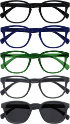 OPULIZE POP Reading Glasses and Reading SunGlasses for Women Men,Retro Round, Smooth Matt Black, Blue, Green,Grey, Grey Sun +1.50 (Pack of 5)