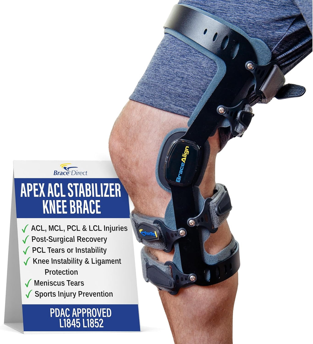 Apex ACL Stabilizer Knee Brace - Double Upright Support for ACL, MCL, PCL, LCL Injuries, Post Op Rehab, Meniscus Tears, Sports Recovery - L1845 (RIGHT/SM: 15.5–18.5 in. Thigh Circ)