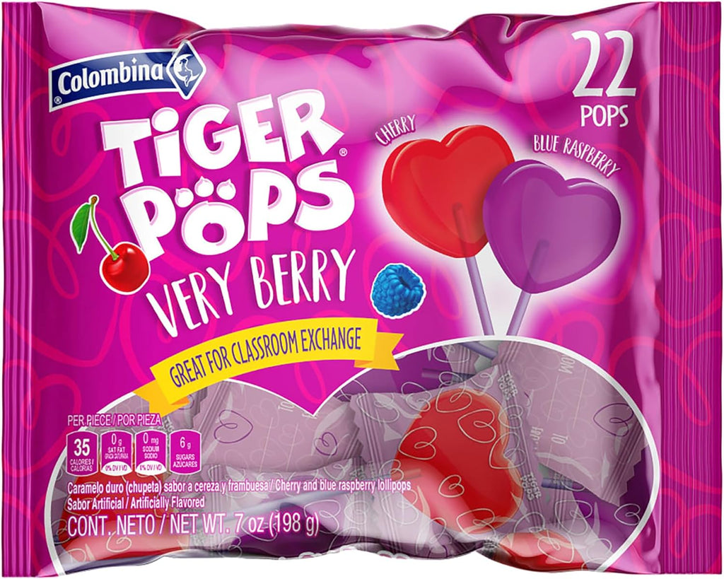 Colombina Very Berry Tiger Pops Heart Shaped Lollipops Cherry Blue Raspberry Individually Wrapped Candy for Parties Classroom Exchange Kids Treats, 22 Count (Pack of 1)
