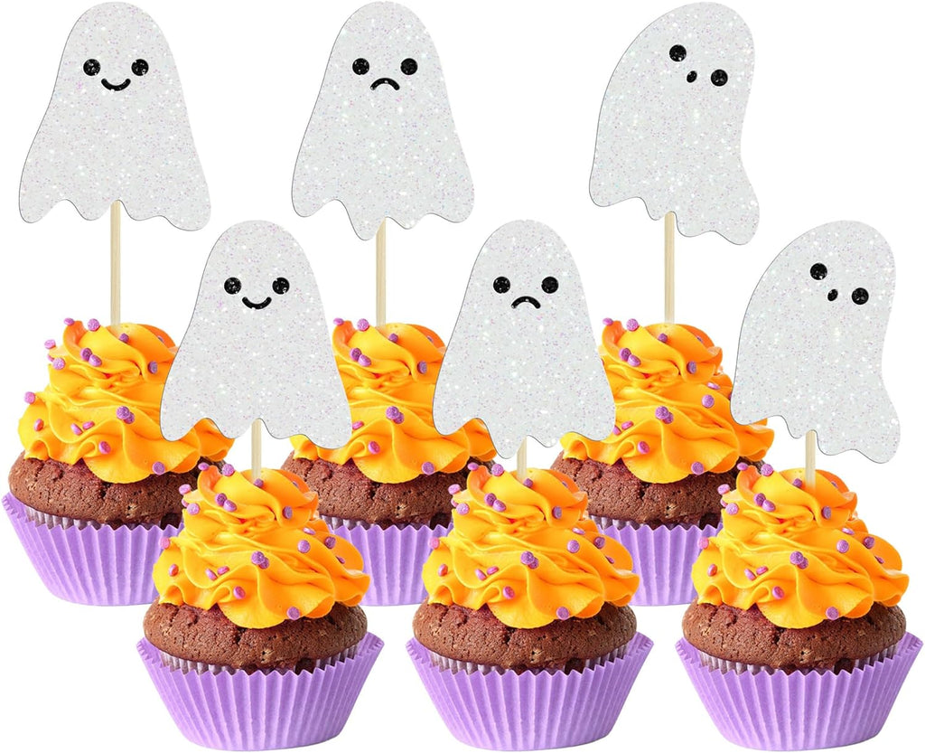 24Pcs Ghost Cupcake Toppers White Glitter Halloween Baby Shower Halloween Cupcake Toppers Ghost Cake Decorations for Birthday Party Decorations