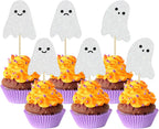 24Pcs Ghost Cupcake Toppers White Glitter Halloween Baby Shower Halloween Cupcake Toppers Ghost Cake Decorations for Birthday Party Decorations