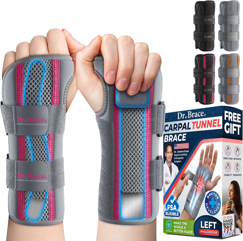 DR. BRACE Adjustable Wrist Brace Night Support for Carpal Tunnel, Doctor Developed, Upgraded with Double Splint & Therapeutic Cushion,Hand Brace for Pain Relief,Injuries,Sprains (S/M Left Hand, Grey-Pink)