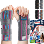 DR. BRACE Adjustable Wrist Brace Night Support for Carpal Tunnel, Doctor Developed, Upgraded with Double Splint & Therapeutic Cushion,Hand Brace for Pain Relief,Injuries,Sprains (S/M Left Hand, Grey-Pink)