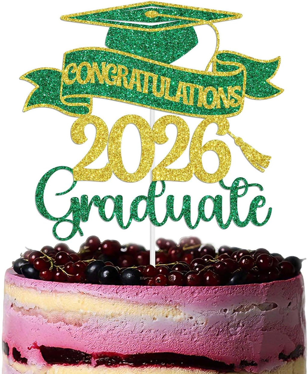 Congratulations 2026 Graduate Cake Topper, Congrats Grad - Class of 2026 Graduation Party Decorations, Boys Girls Graduation Decorations Supplies Green & Gold Glitter