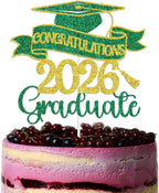 Congratulations 2026 Graduate Cake Topper, Congrats Grad - Class of 2026 Graduation Party Decorations, Boys Girls Graduation Decorations Supplies Green & Gold Glitter