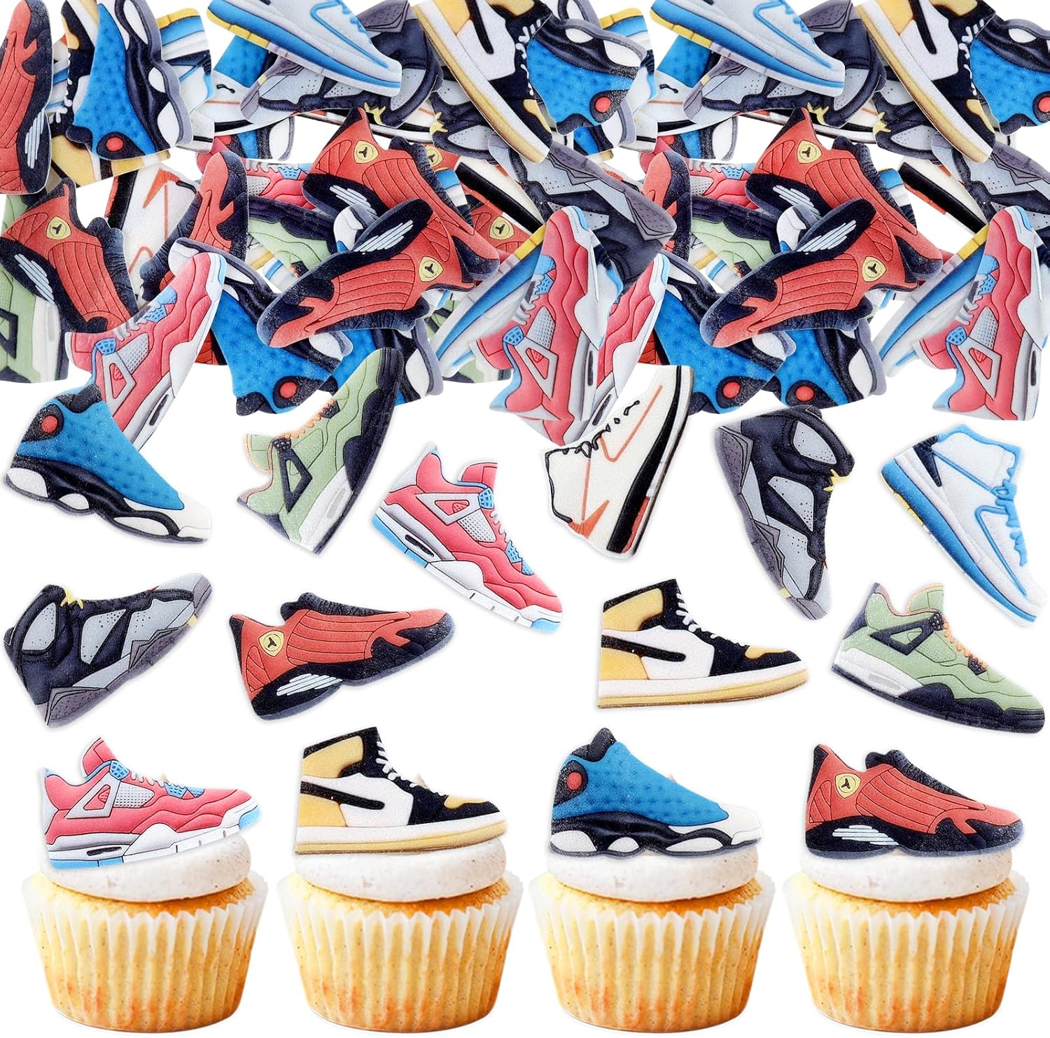 40Pcs Edible Sneaker Birthday Cupcake Toppers Multi-Styles Popular Sneakers Cupcake Picks Drink Topper for Sneaker Party Sport Shoes Baby Shower Sport Boys Funny Birthday Party Cupcake Decorations