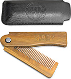 Folding Beard Comb w/Carrying Pouch for Men - All Natural Wooden Beard Comb w/Gift Box - Green Sandalwood Comb for Grooming & Combing Hair, Beards and Mustaches by Viking Revolution