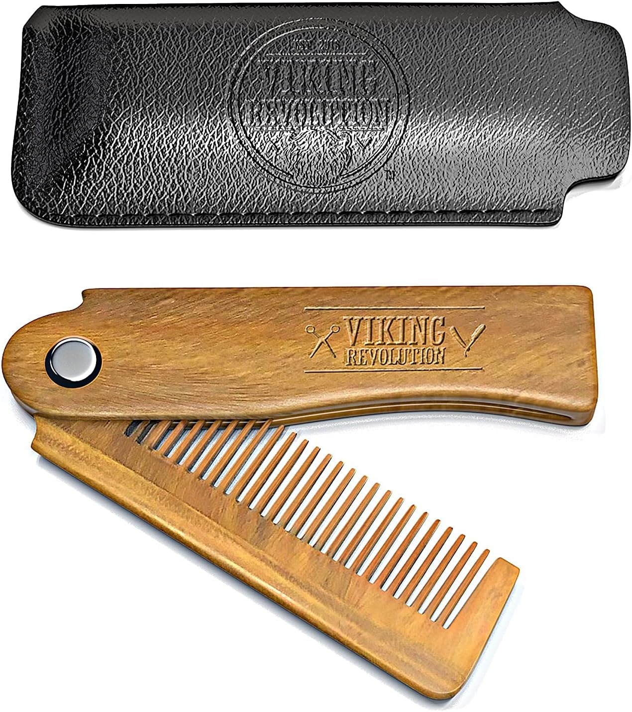 Folding Beard Comb w/Carrying Pouch for Men - All Natural Wooden Beard Comb w/Gift Box - Green Sandalwood Comb for Grooming & Combing Hair, Beards and Mustaches by Viking Revolution