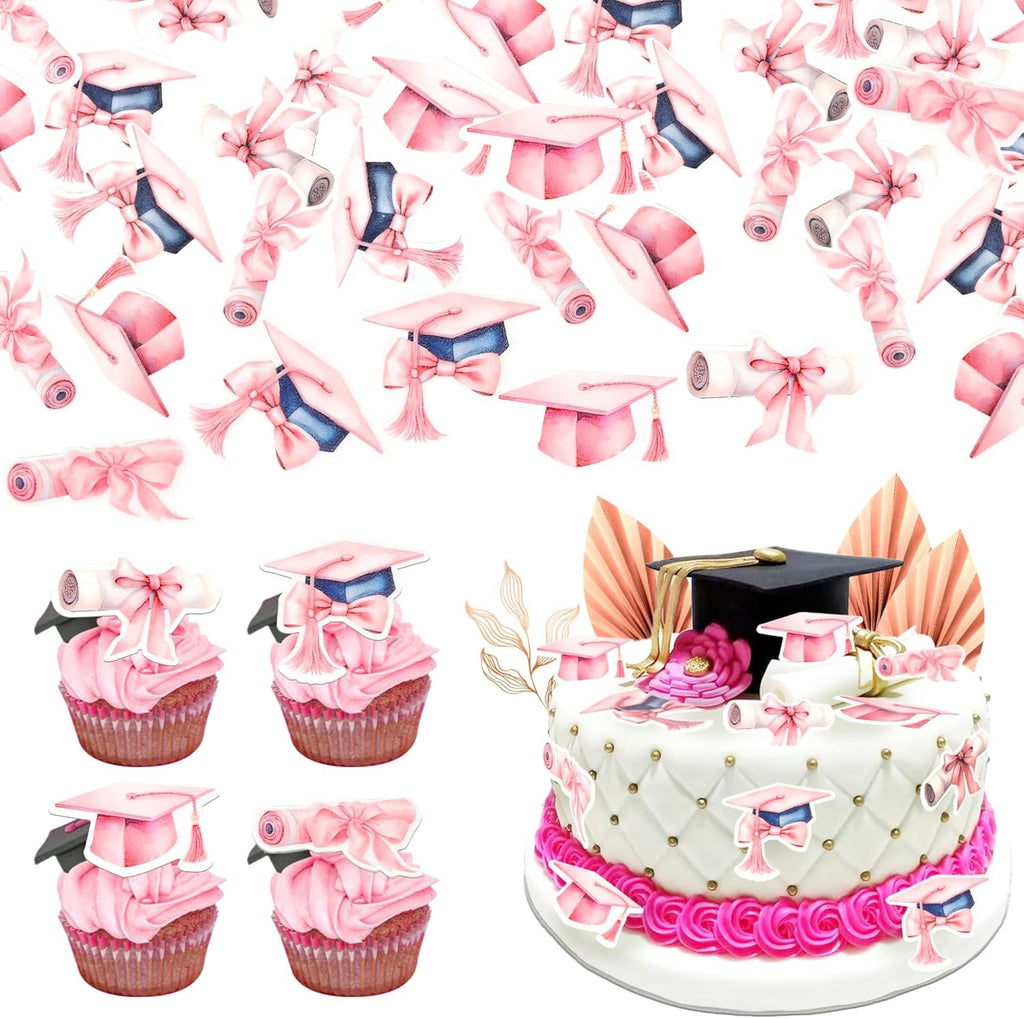 60 Pack Edible Class of 2025 Cupcake Toppers Wafer Paper 2025 Graduation Cap Cupcake Picks Congrats Grad Graduation Cake Decorations Party Supplies Pink