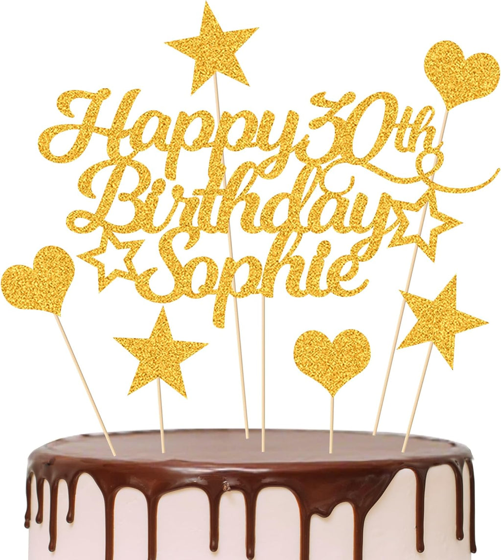 Personalized Happy Birthday Cake Topper Customized with Any Age Name Party Cake Decoration 16 18 21 40 60 Double Sided Glitter Card Gold