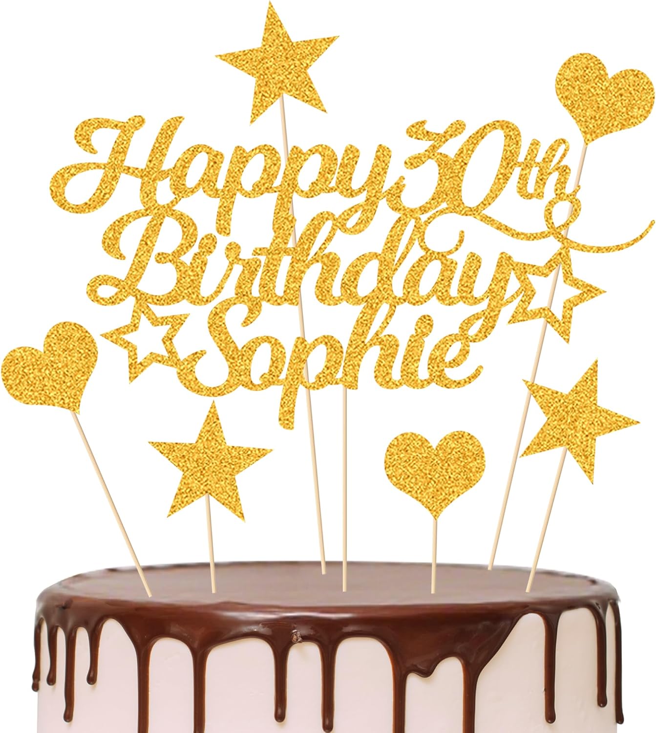 Personalized Happy Birthday Cake Topper Customized with Any Age Name Party Cake Decoration 16 18 21 40 60 Double Sided Glitter Card Gold