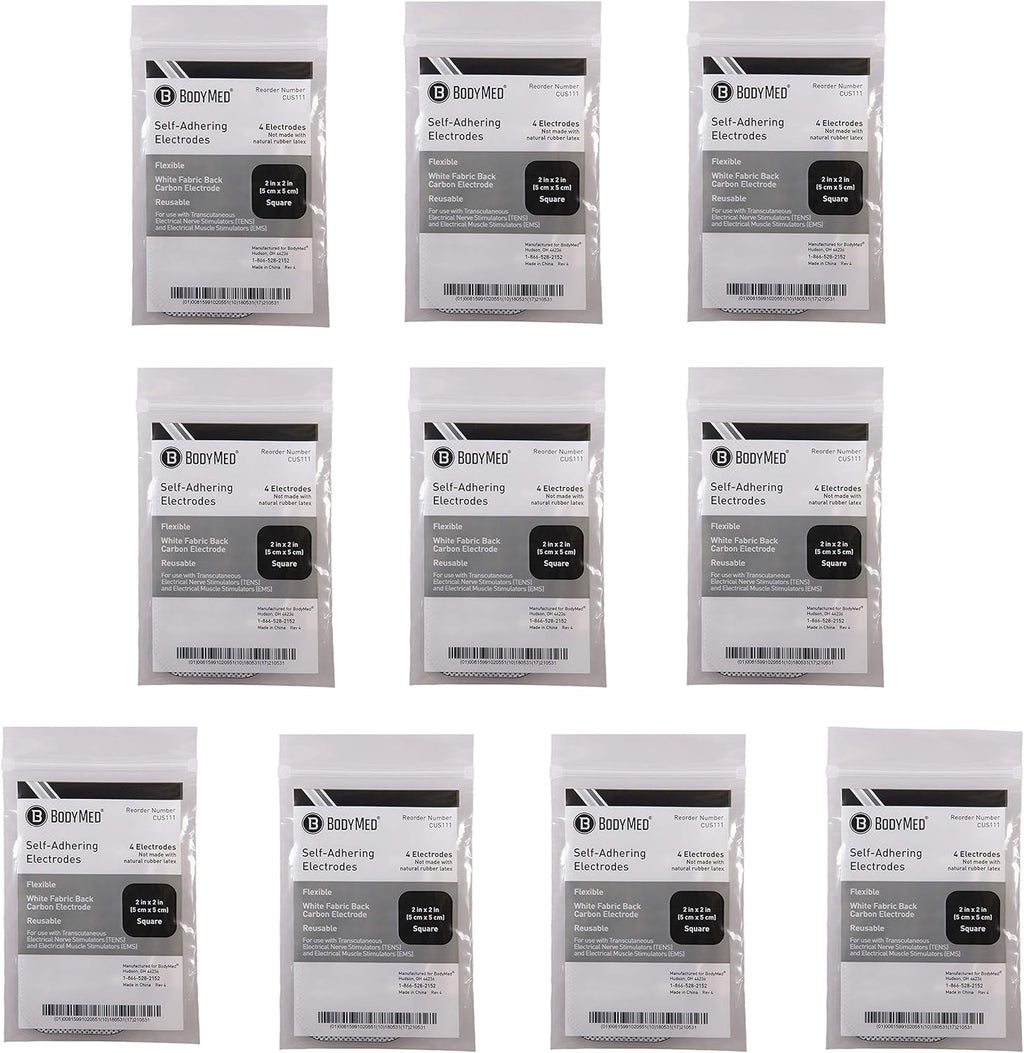 BodyMed TENS/EMS Unit 4 Electrode Pads – Four, 2 x 2 Inch Square Electrodes in Ten Packs – Reusable and Self-Adhesive for Easy Muscle Stimulation and Discomfort Relief