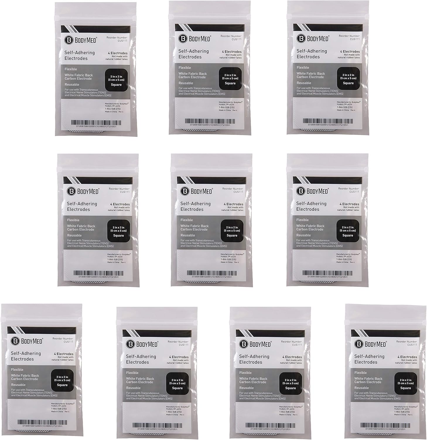 BodyMed TENS/EMS Unit 4 Electrode Pads – Four, 2 x 2 Inch Square Electrodes in Ten Packs – Reusable and Self-Adhesive for Easy Muscle Stimulation and Discomfort Relief