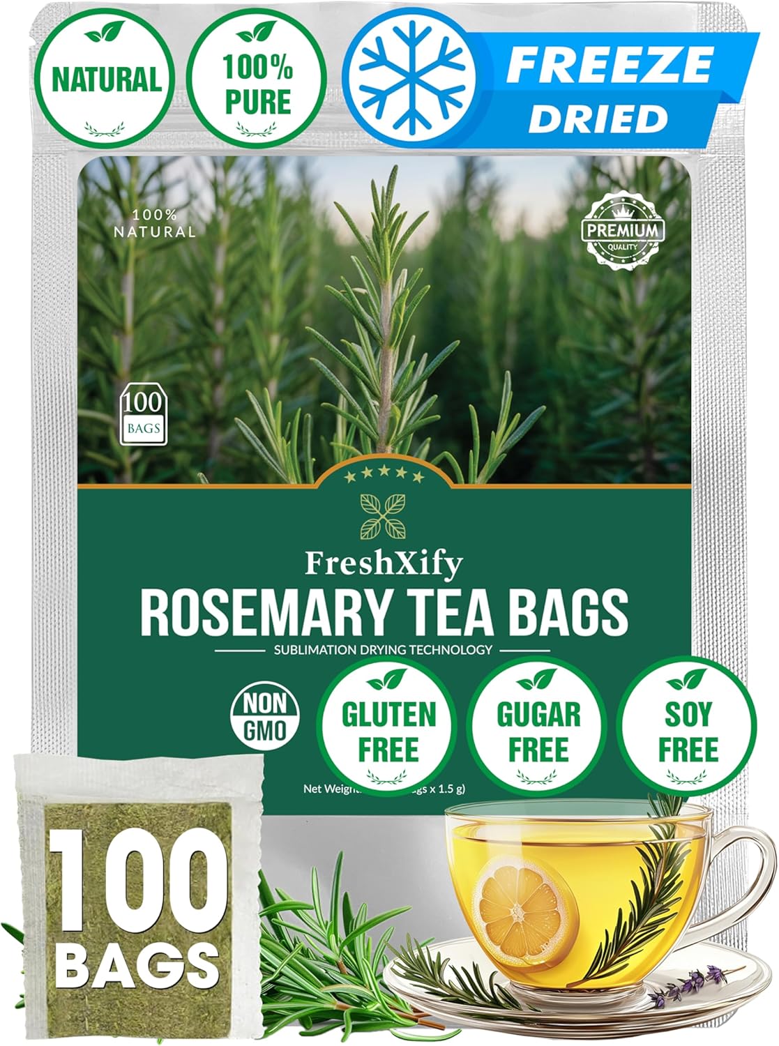 FreshXify Premium Pure Rosemary Tea Bags – 100 Tea Bags, 100% Natural Freeze-Dried Rosemary Leaves, Caffeine-Free, No Additives, Vegan Herbal Tea (1.5g/Bag)
