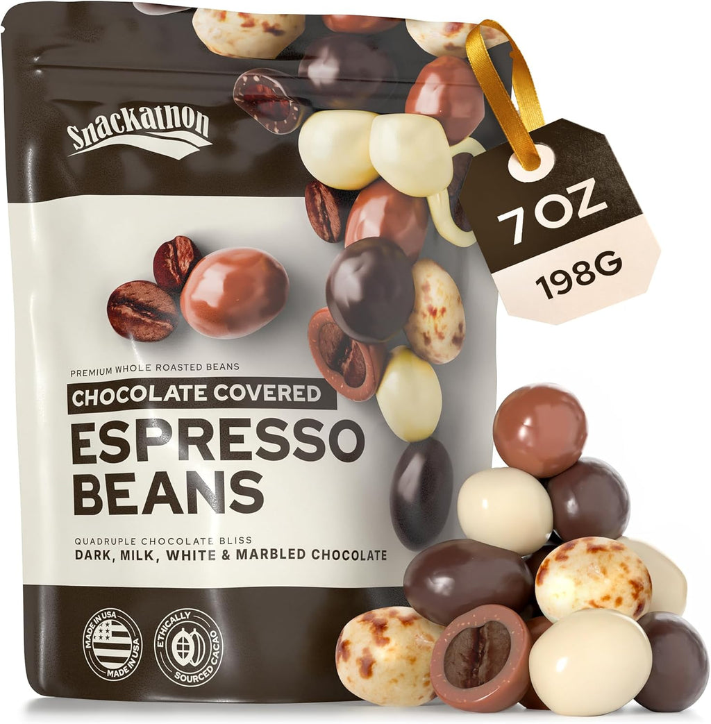 Snackathon Chocolate Covered Espresso Beans, 4 Chocolate Blend (Dark, Milk, White, Marbled), 7 OZ Resealable Bag, Gourmet Candy Snack for Coffee Lovers